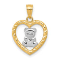 10k and White Rhodium Teddy Bear in Heart Charm, 20 x 15 mm