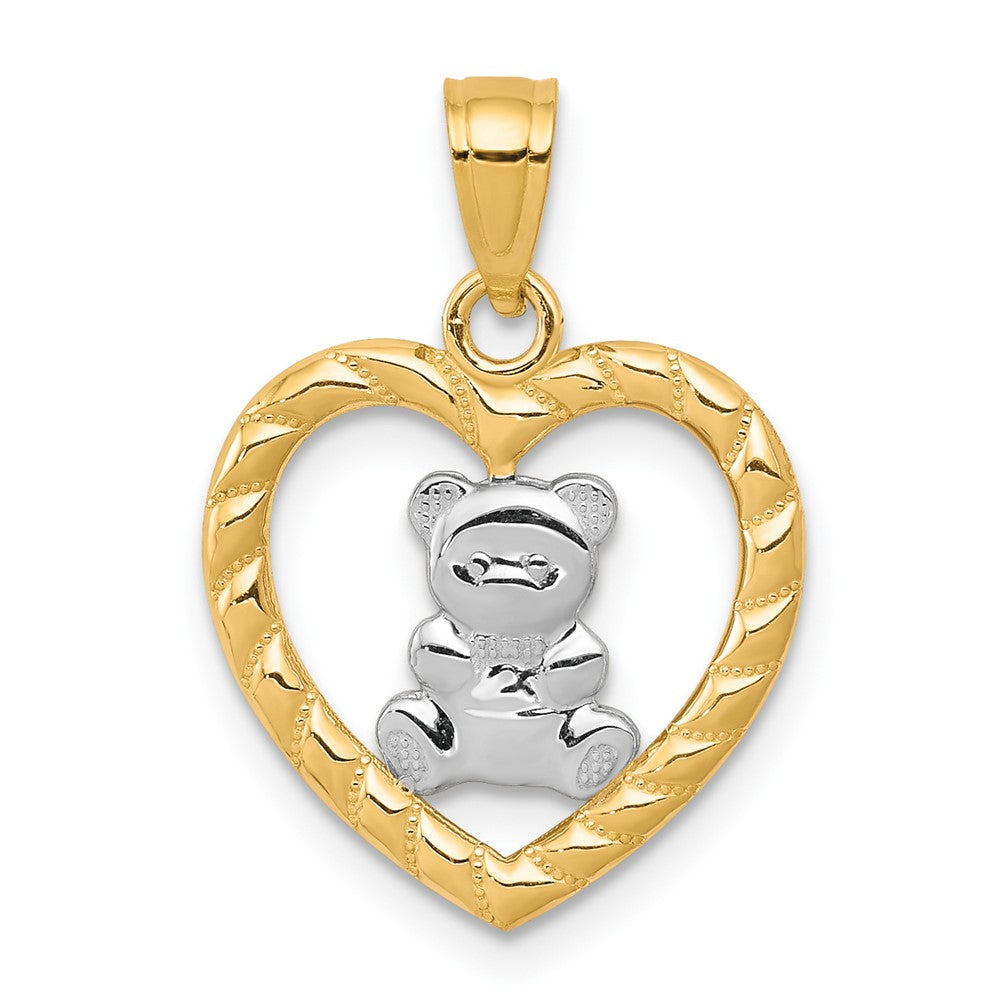 10k and White Rhodium Teddy Bear in Heart Charm, 20 x 15 mm