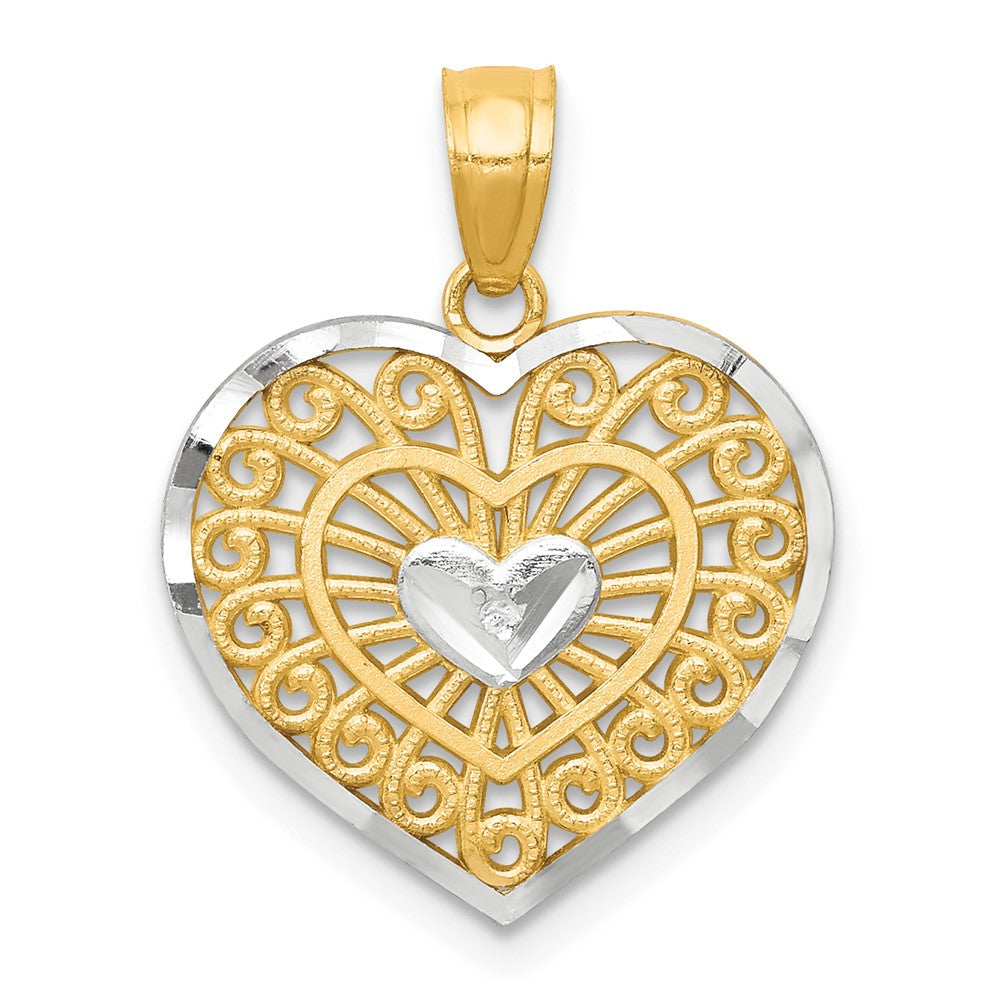 10K and White Rhodium Filigree Heart Charm, 20 x 15 mm, 0.8 g