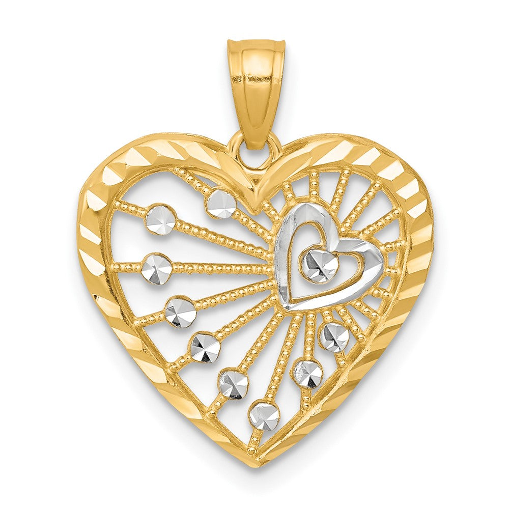 10K and White Rhodium Filigree Heart Charm, 20 x 15 mm, 0.87 g