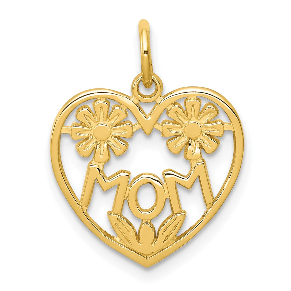 10K MOM in Heart with Flowers Charm, 20 x 16 mm