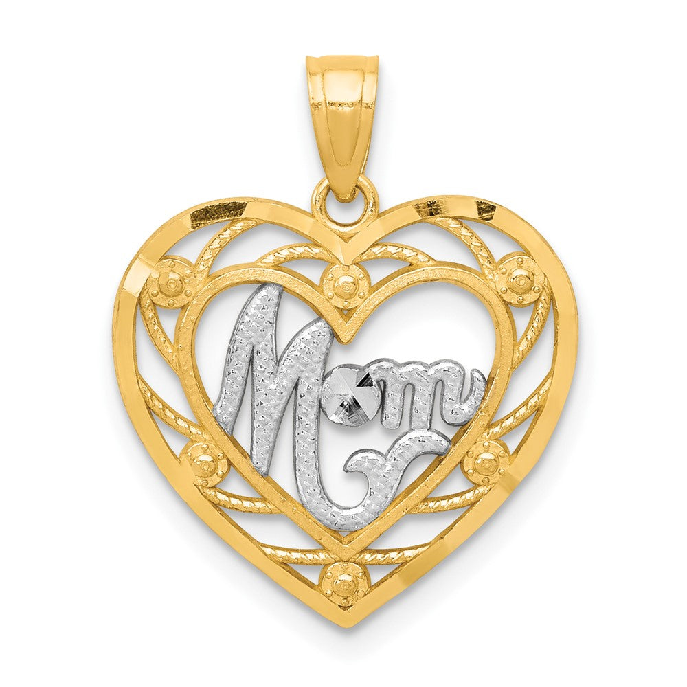 10K and White Rhodium MOM in Heart Charm, 20 x 16 mm