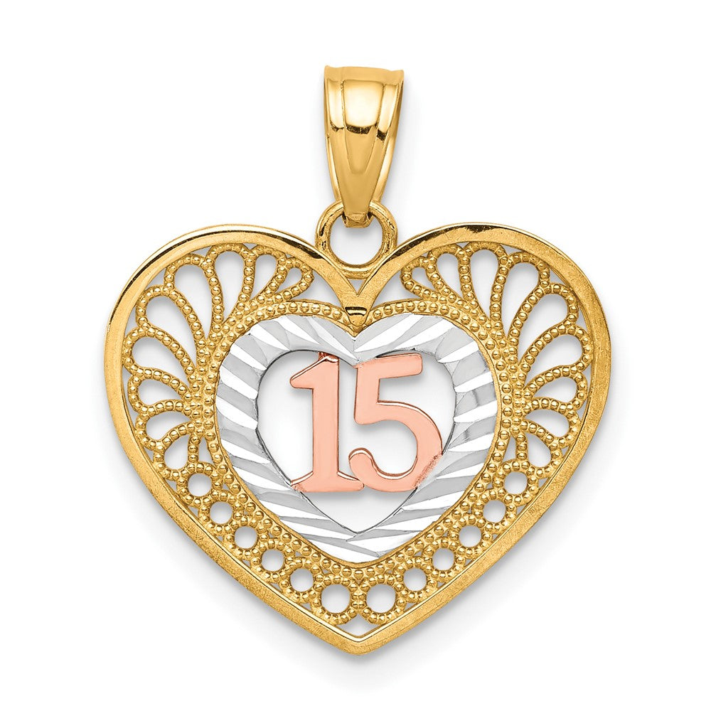 10K Two-tone and White Rhodium 15 in Heart Pendant, 20 x 16 mm
