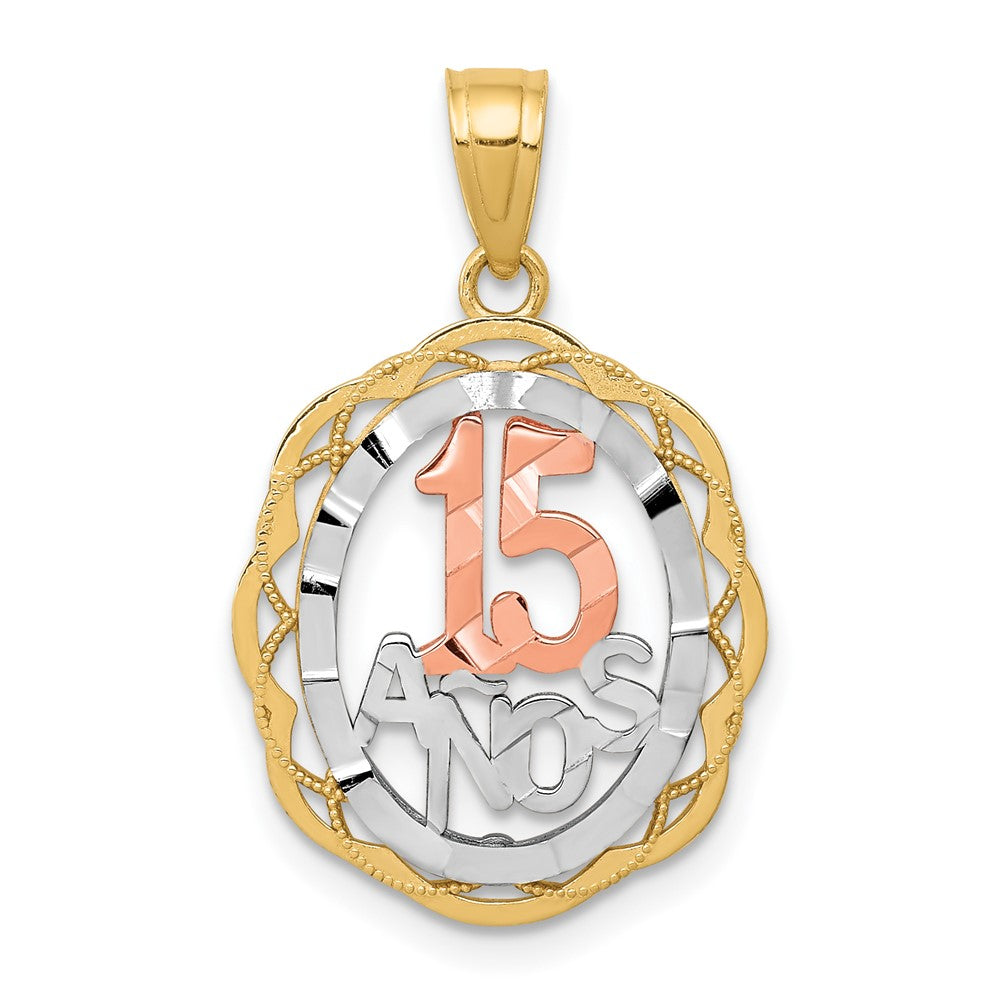 10K Two-tone and White Rhodium 15 ANOS Oval Pendant, 20 x 16 mm