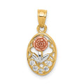 10K Two-Tone with White Rhodium CZ Rose Oval Charm, 12 x 11 mm