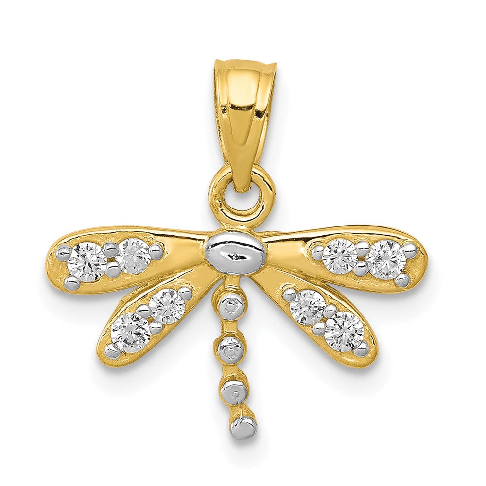 10K and White Rhodium CZ Dragonfly Charm, 20 x 13 mm