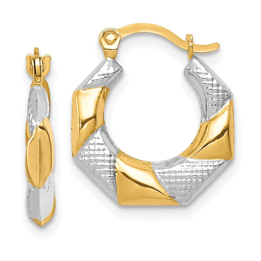 10K and White Rhodium Scalloped Hollow Hoop Earrings, 16 x 2.75 mm