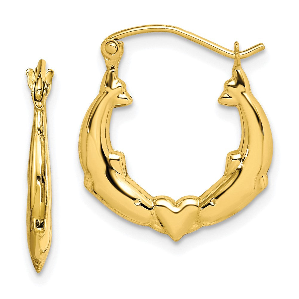 10K Dolphin Heart Hollow Hoop Earrings, 19 x 17 mm