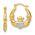 10K and White Rhodium Claddagh Hollow Hoop Earrings, 18 x 2.5 mm