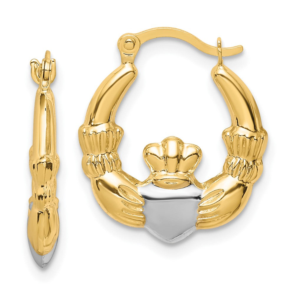 10K and White Rhodium Claddagh Hollow Hoop Earrings, 18 x 2.5 mm