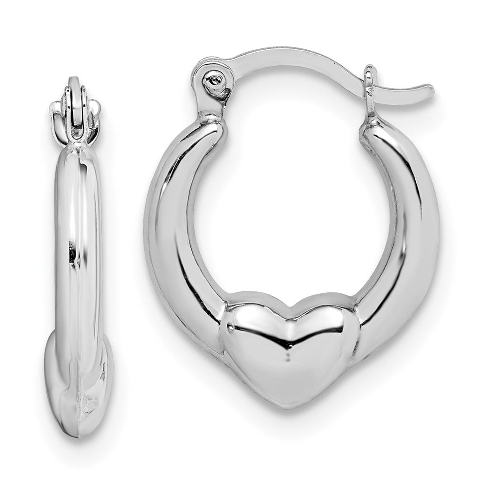10K White Gold Heart Hollow Hoop Earrings, 15 x 2.75 mm