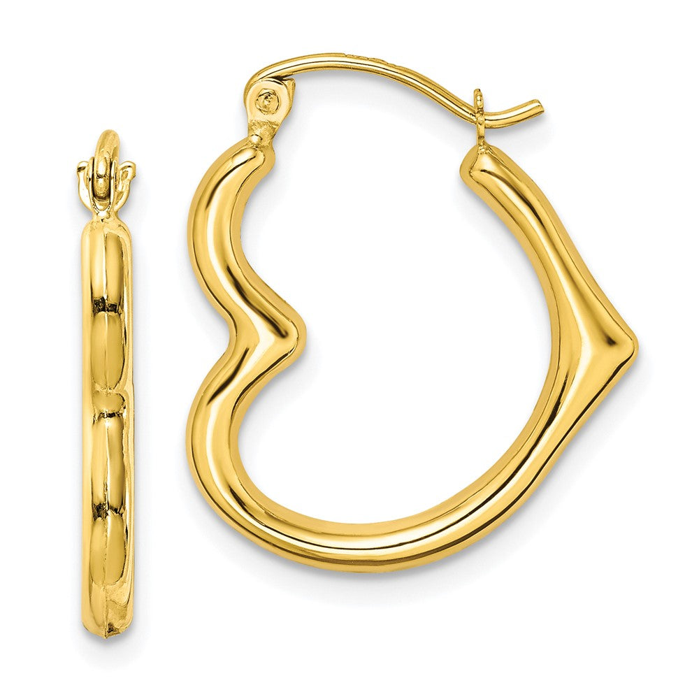 10K Hollow Side Heart Shape Hollow Hoop Earrings, 22 x 2 mm