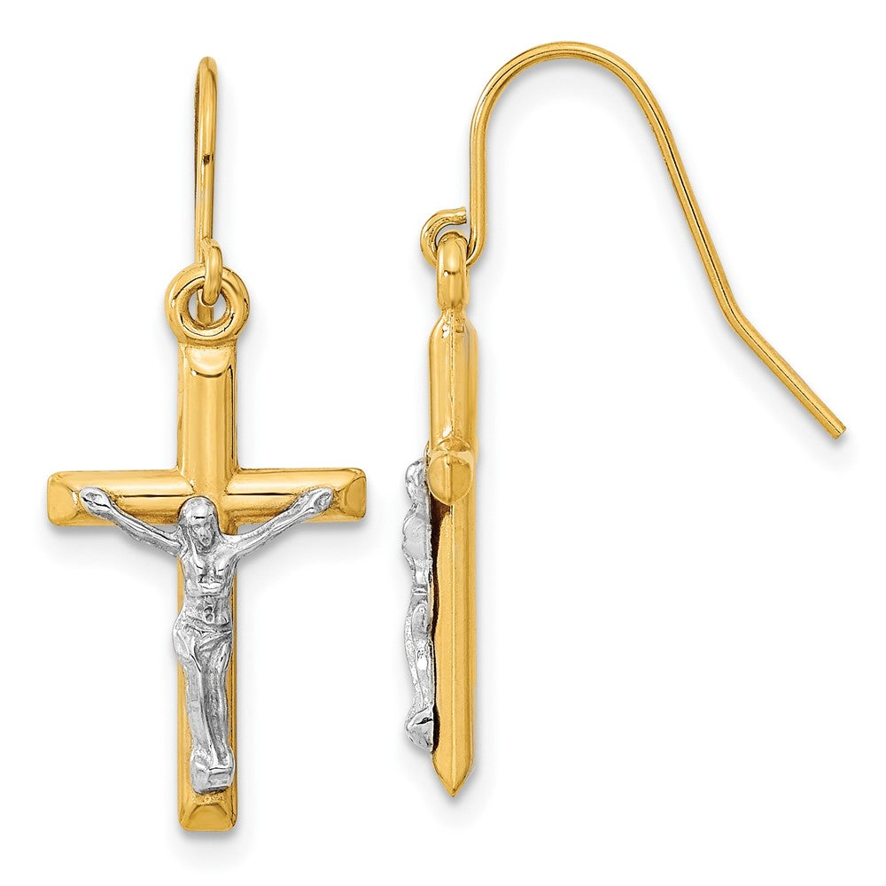 10k Two-tone Polished Crucifix Dangle Shepherd Hook Earrings, 28.7 x 11.72 mm
