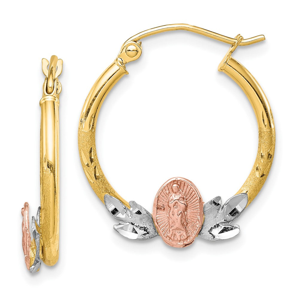 10k Tri-color Our Lady of Guadalupe Diamond-cut Hoop Earrings, 22 x 4 mm