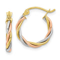 10k Tri-color Polished 2.5mm Twisted Round Hoop Earrings, 16 x 2.5 mm