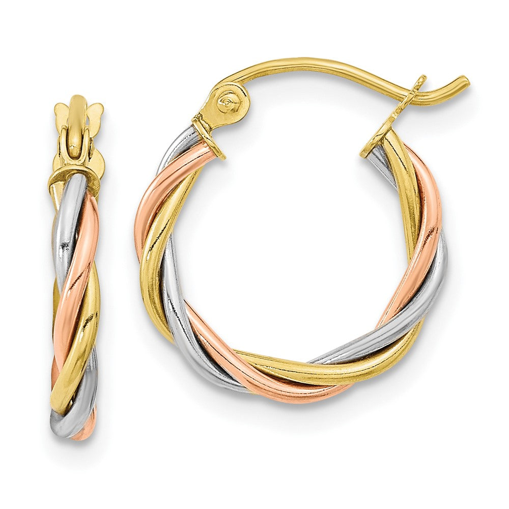 10k Tri-color Polished 2.5mm Twisted Round Hoop Earrings, 16 x 2.5 mm