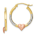 10k Two-tone & White Rhodium D/C Heart Hoop Earrings, 23.5 x 3.5 mm