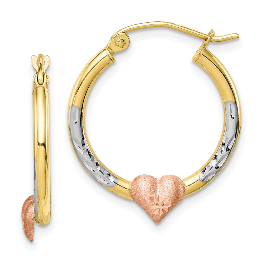 10k Two-tone & White Rhodium D/C Heart Hoop Earrings, 23.5 x 3.5 mm