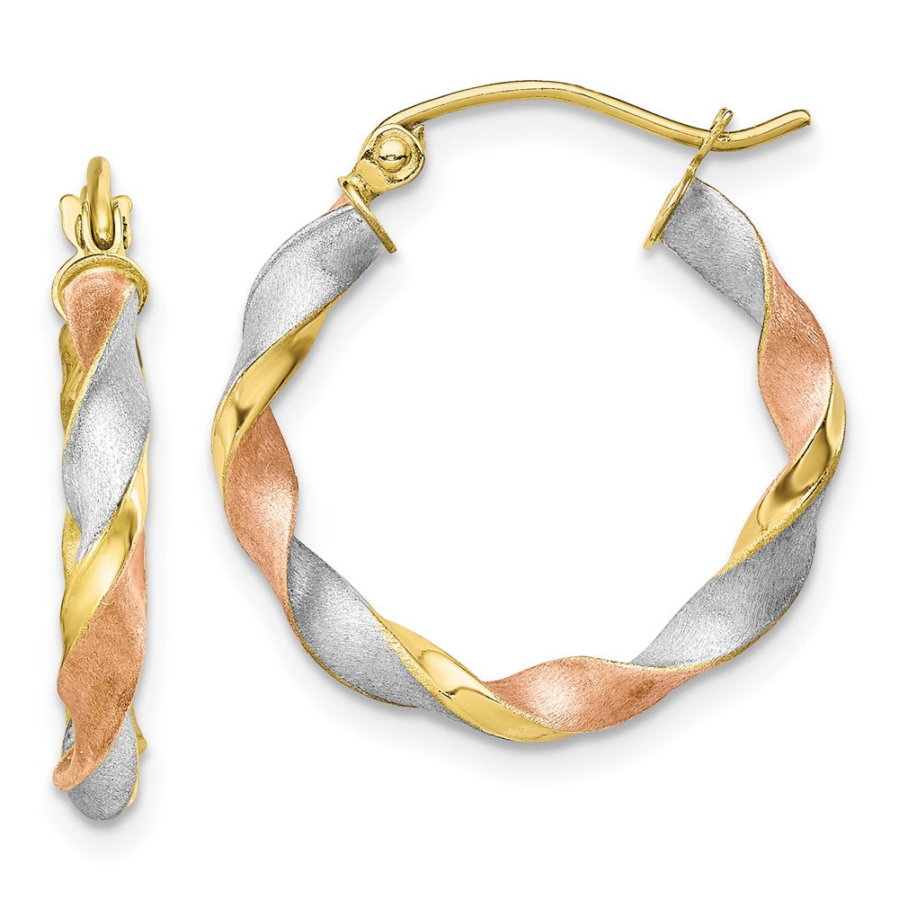 10k with White and Rose Rhodium Satin Twisted Round Hoop Earrings, 22.65 x 20.87 mm
