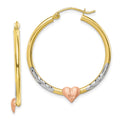 10k Two-tone and White Rhodium Diamond Cut Heart Hoop Earrings, 33.5 x 3.5 mm