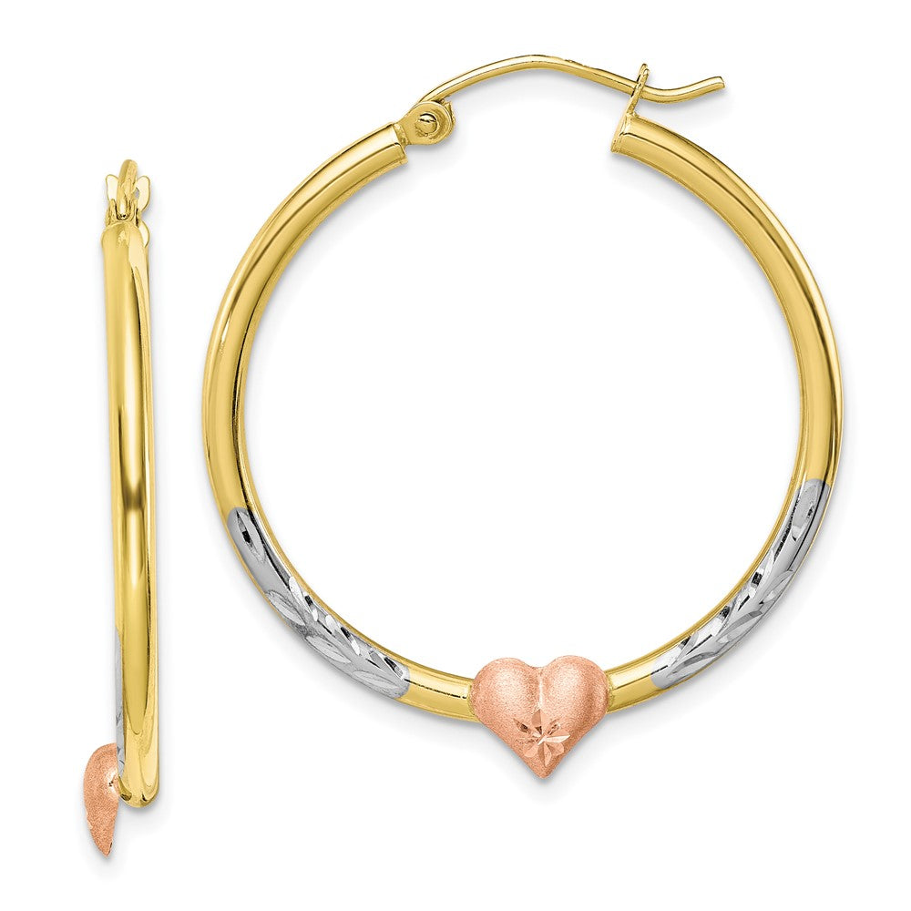 10k Two-tone and White Rhodium Diamond Cut Heart Hoop Earrings, 33.5 x 3.5 mm
