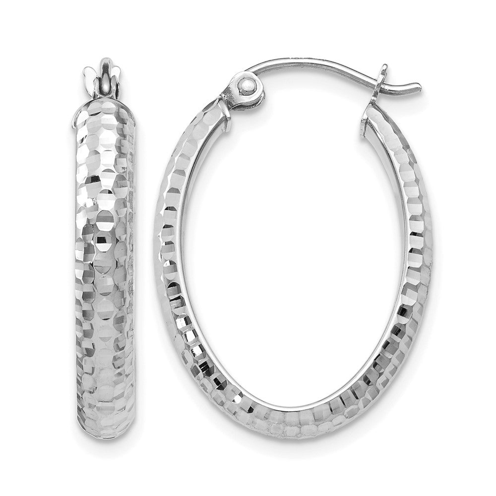 10K White Gold D/C Oval Hinged Hoop Earrings, 24 x 3.5 mm