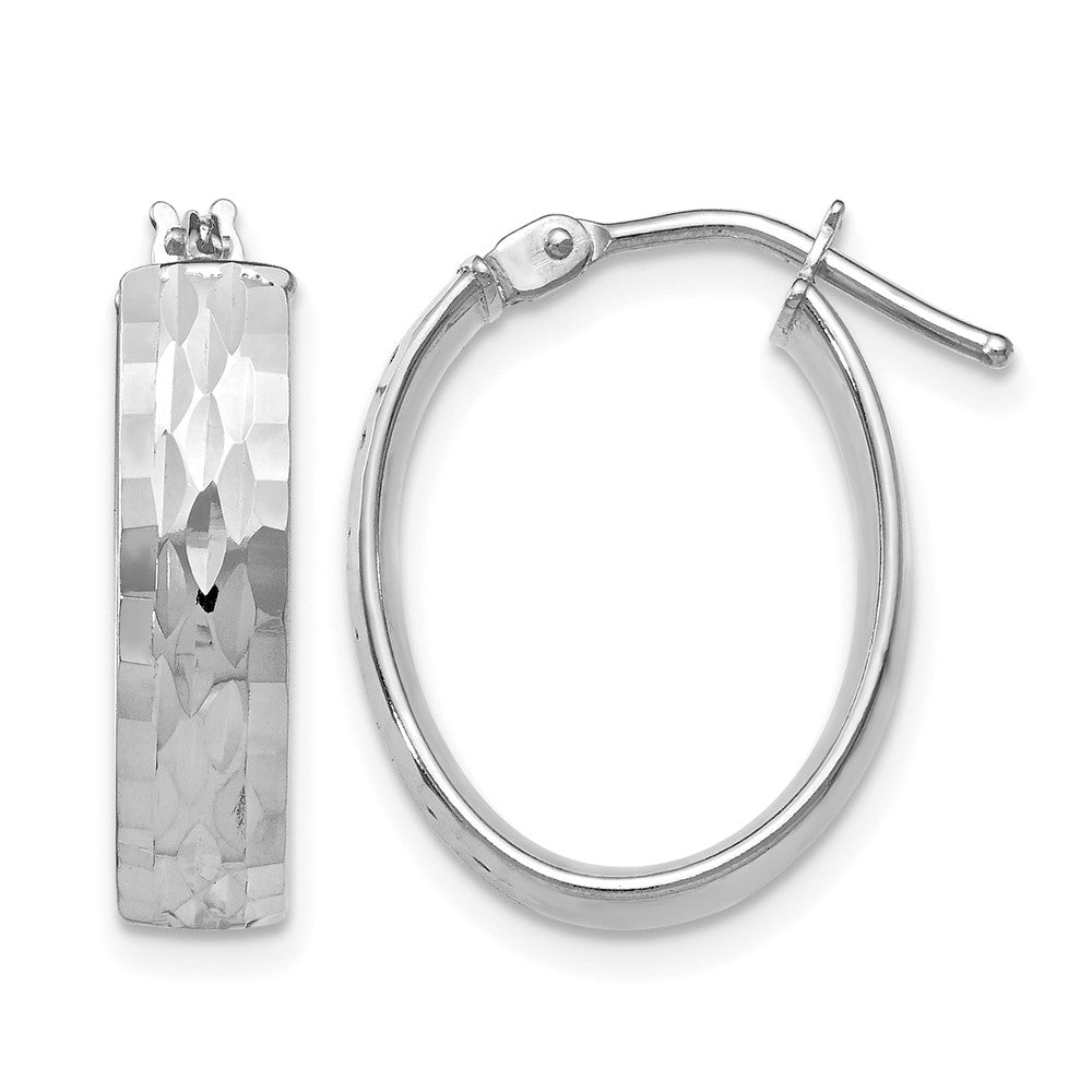 10K with White Rhodium Plating Polished and Diamond-cut Oval Hinged Hoop Earrings, 20 x 4.3 mm