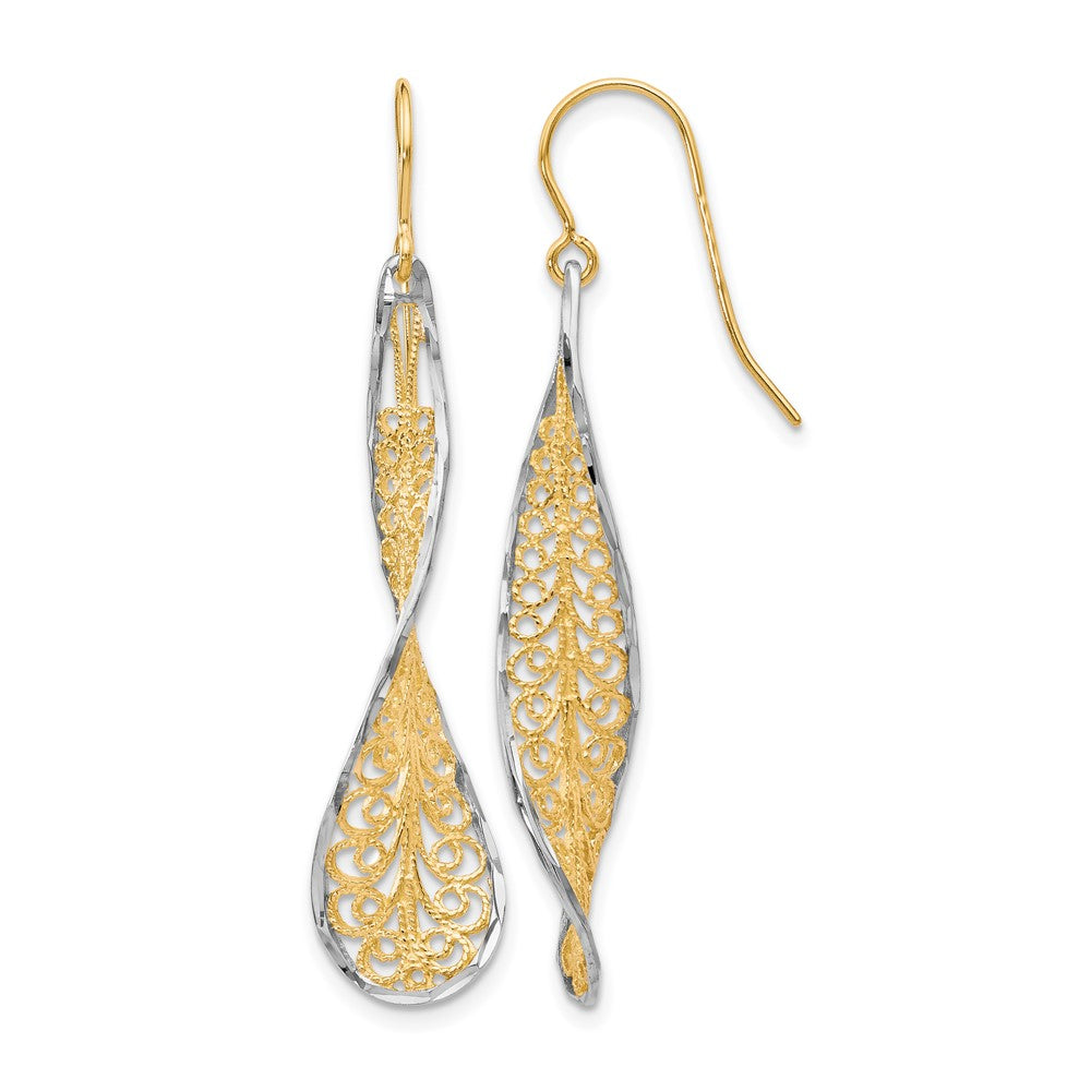 10K Two-tone D/C Dangle Shepherd Hook Earrings, 43 x 9 mm
