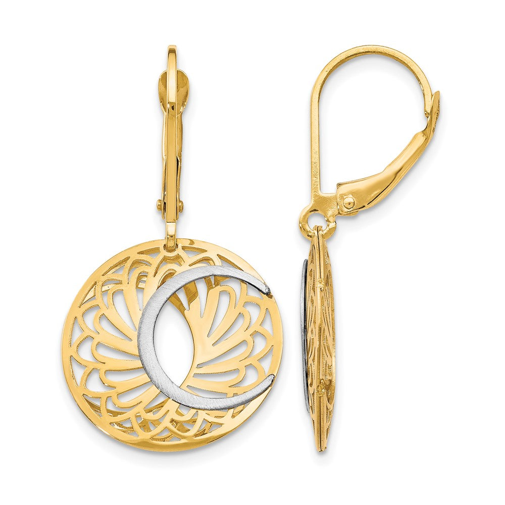 10K Two-tone Polished and Satin Leverback Earrings, 30 x 15 mm