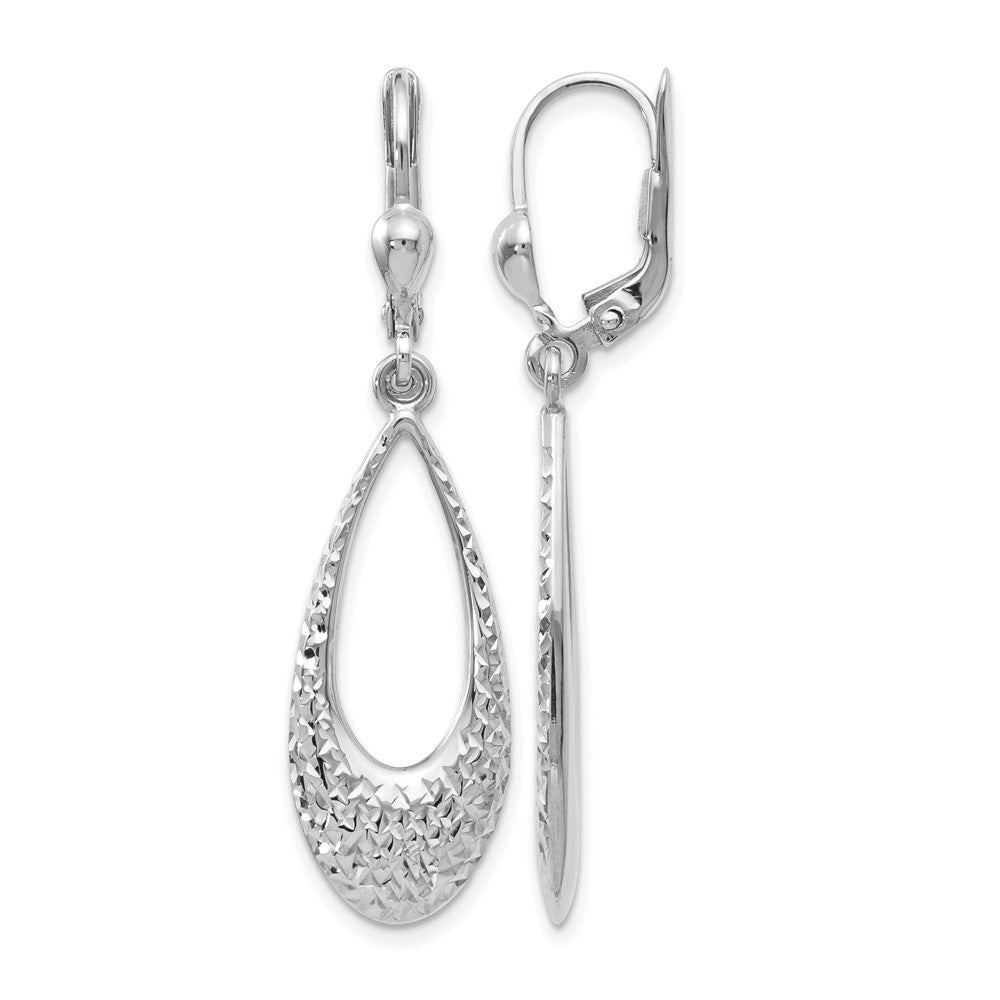 10K White Gold Polished and D/C Leverback Earrings, 43 x 11 mm