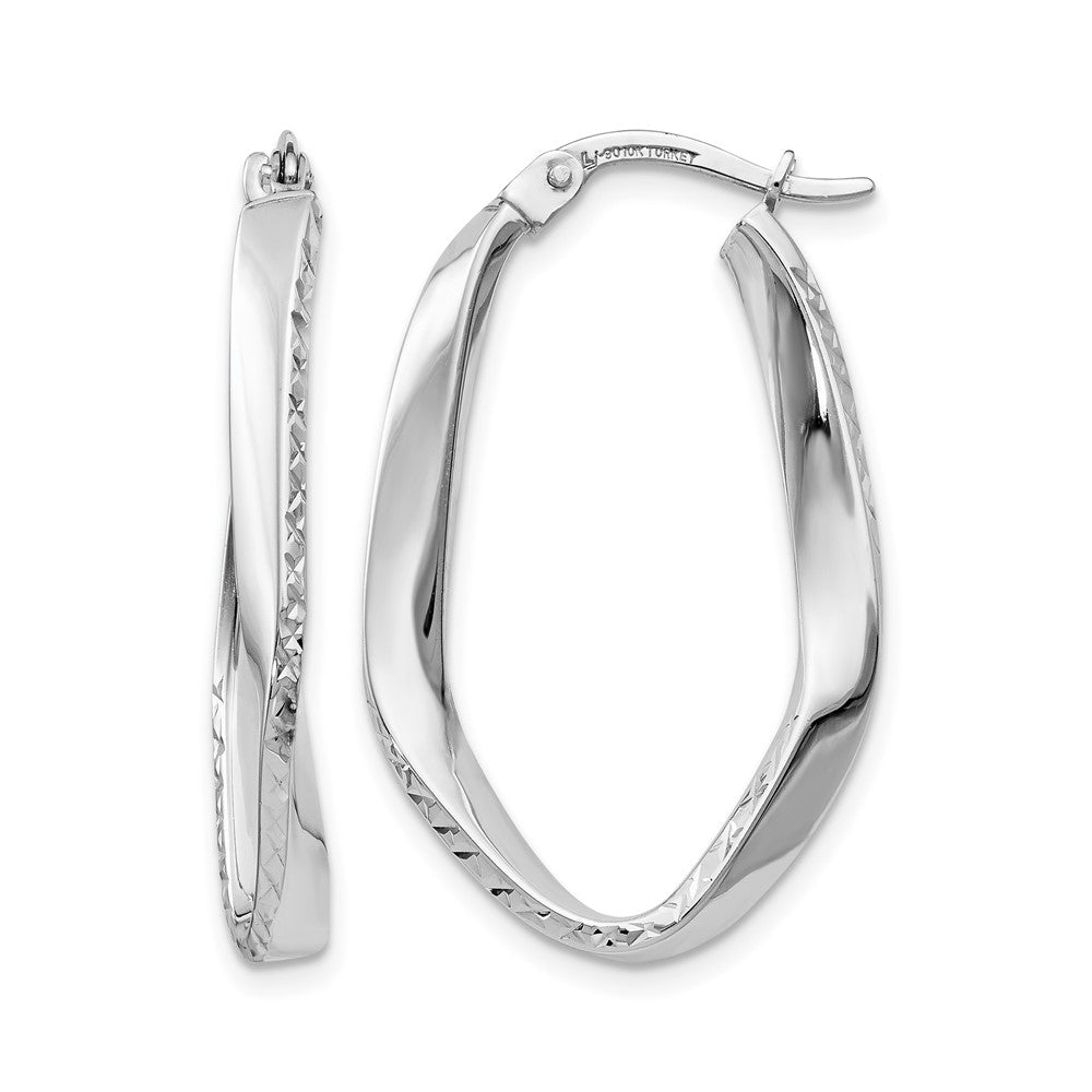10K White Gold Polished and D/C Oval Hoop Earrings, 30 x 3 mm