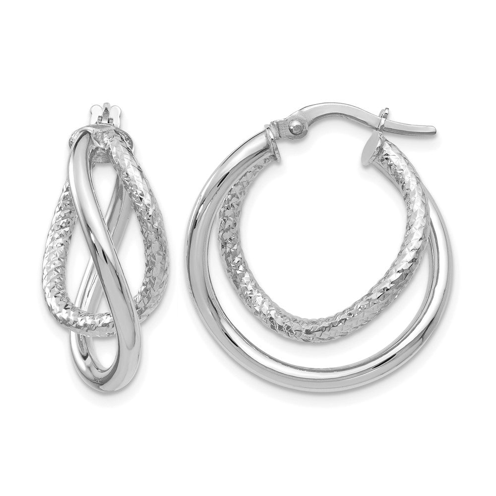 10K White Gold Polished and Textured Fancy Hoop Earrings, 23 x 3.5 mm