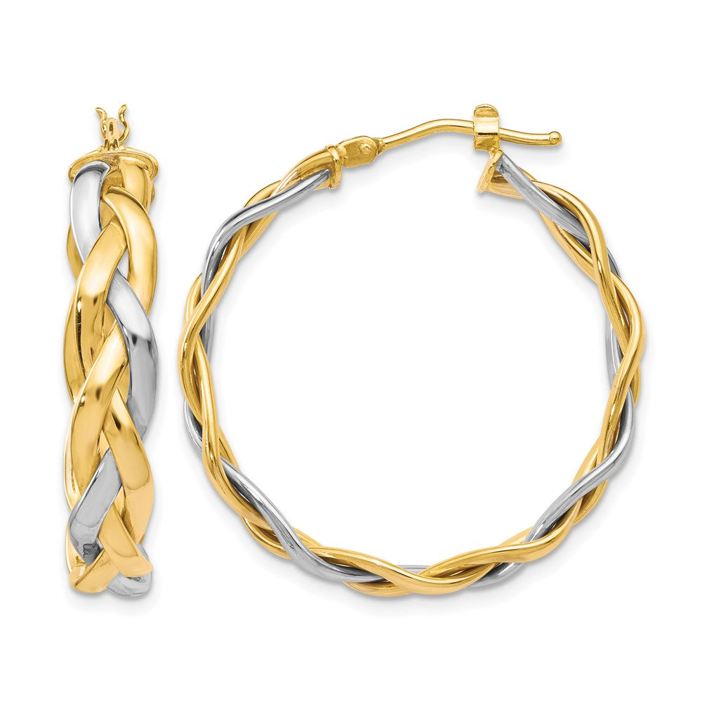 10K w/Rhodium Polished Braided Hoop Earrings, 32 x 32 mm