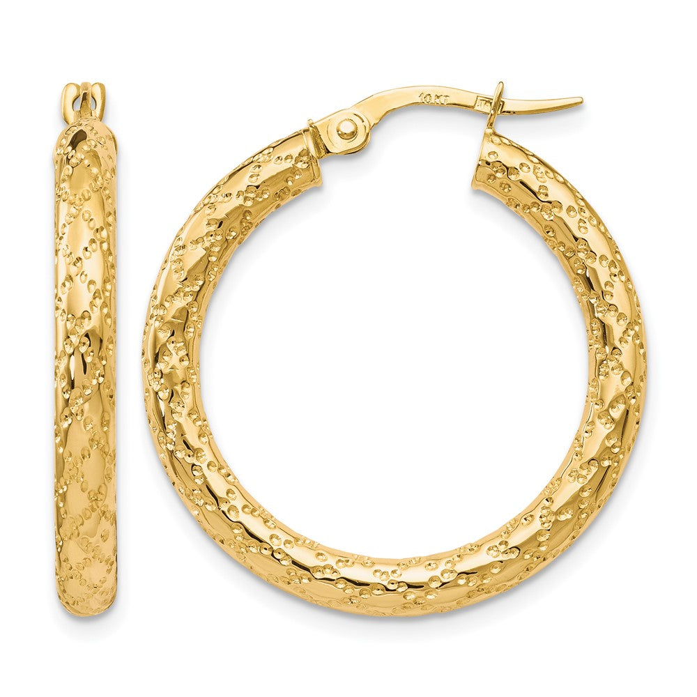 10K Polished and Textured Hinged Hoop Earrings, 26 x 4 mm