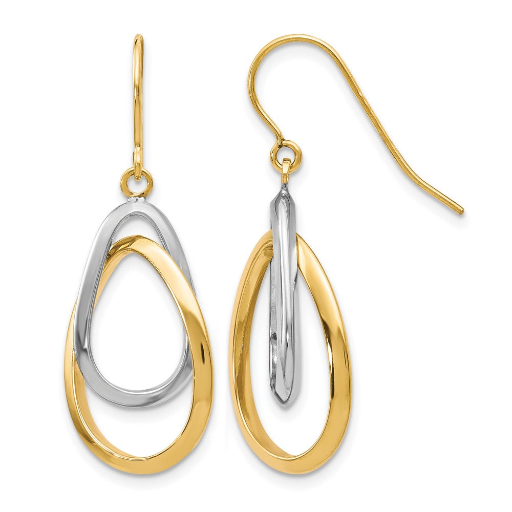 10K Two-tone Polished Shepherd Hook Dangle Earrings, 33 x 9 mm