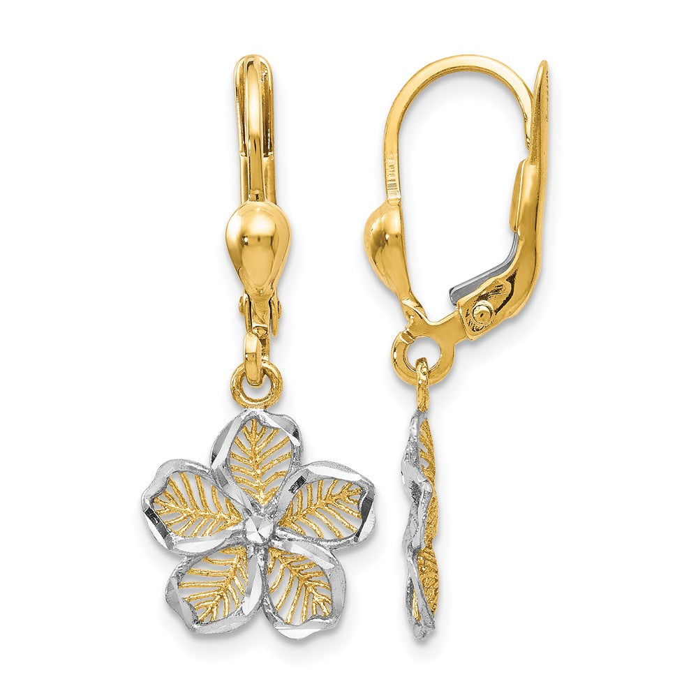 10K Rhod-plated Polished D/C Filigree Flower Leverback Earrings, 20.75 x 6.25 mm