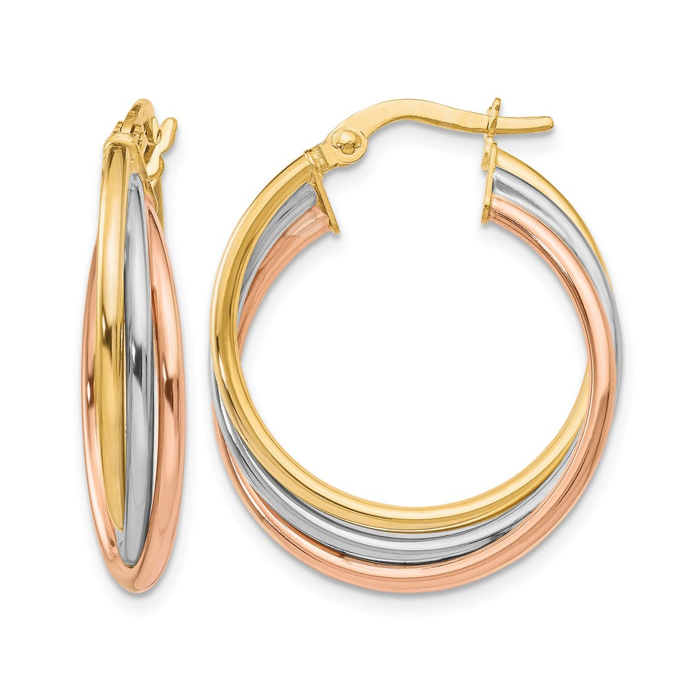 10K Tri-color Polished and Textured Twisted Hoop Earrings, 26 x 4.75 mm