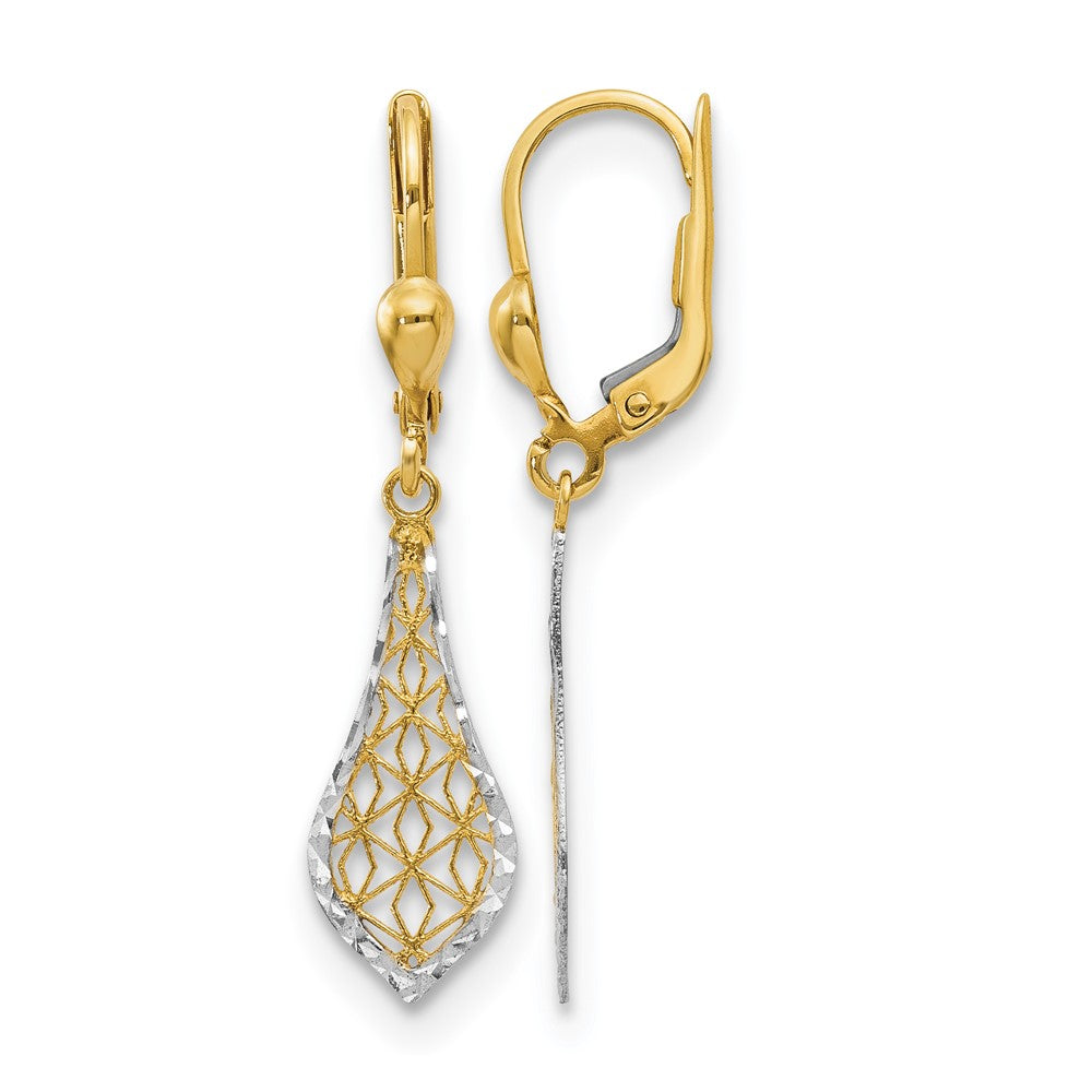 10K w/Rhodium Fancy Leverback Earrings, 36 x 6 mm