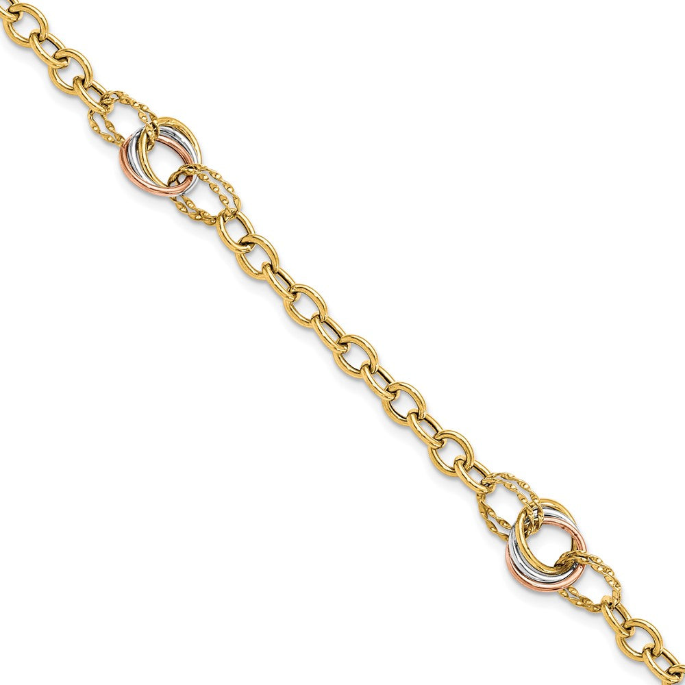10K Tri-color Polished and Textured Fancy Link Bracelet, 7.25 mm