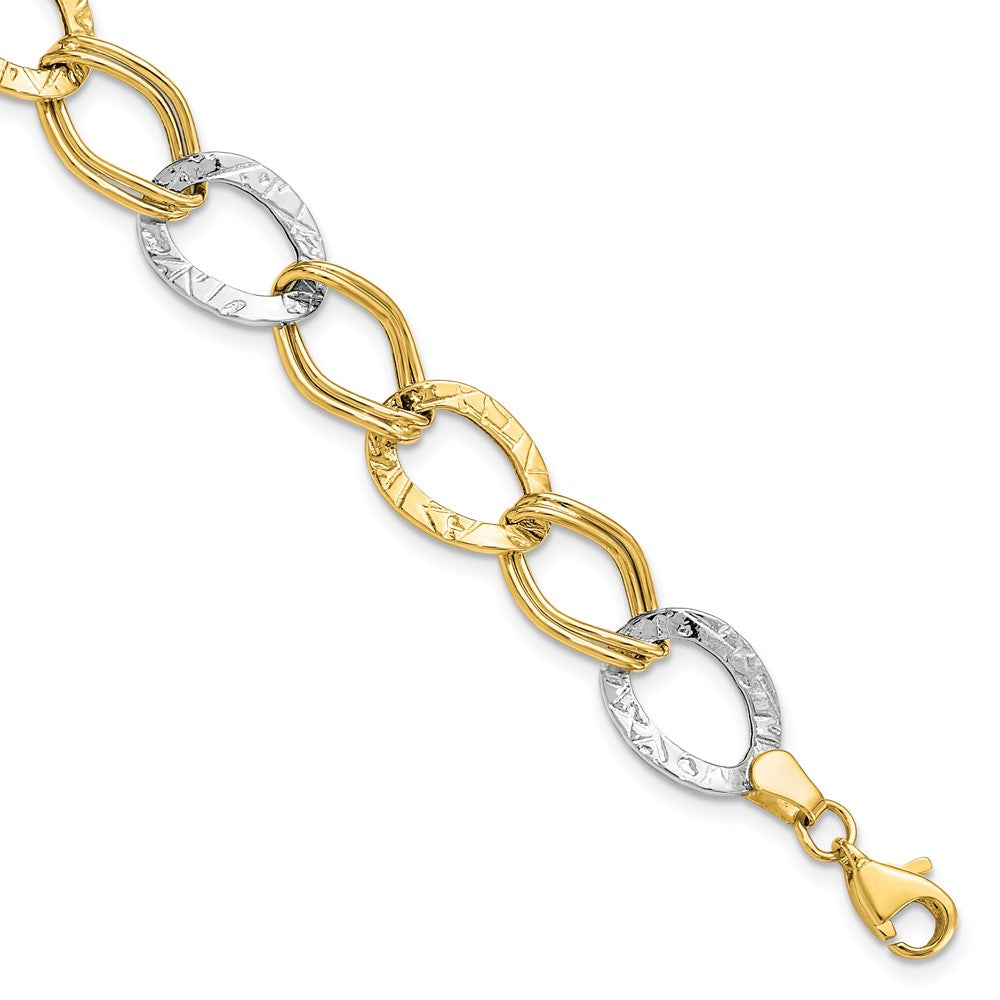 10K Two-tone Polished and Textured Link Bracelet, 7.5 x 10 mm