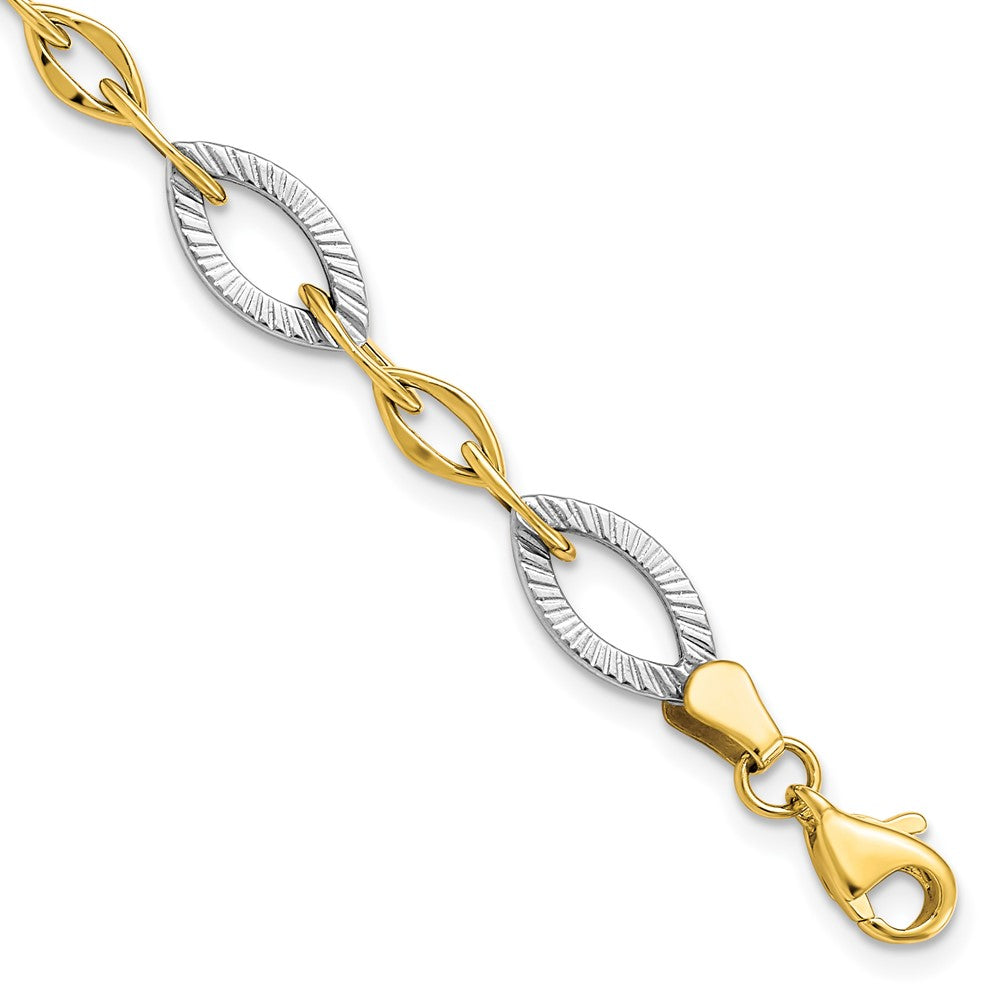 10K Two-tone Polished and Textured Link Bracelet, 7.5 x 8 mm