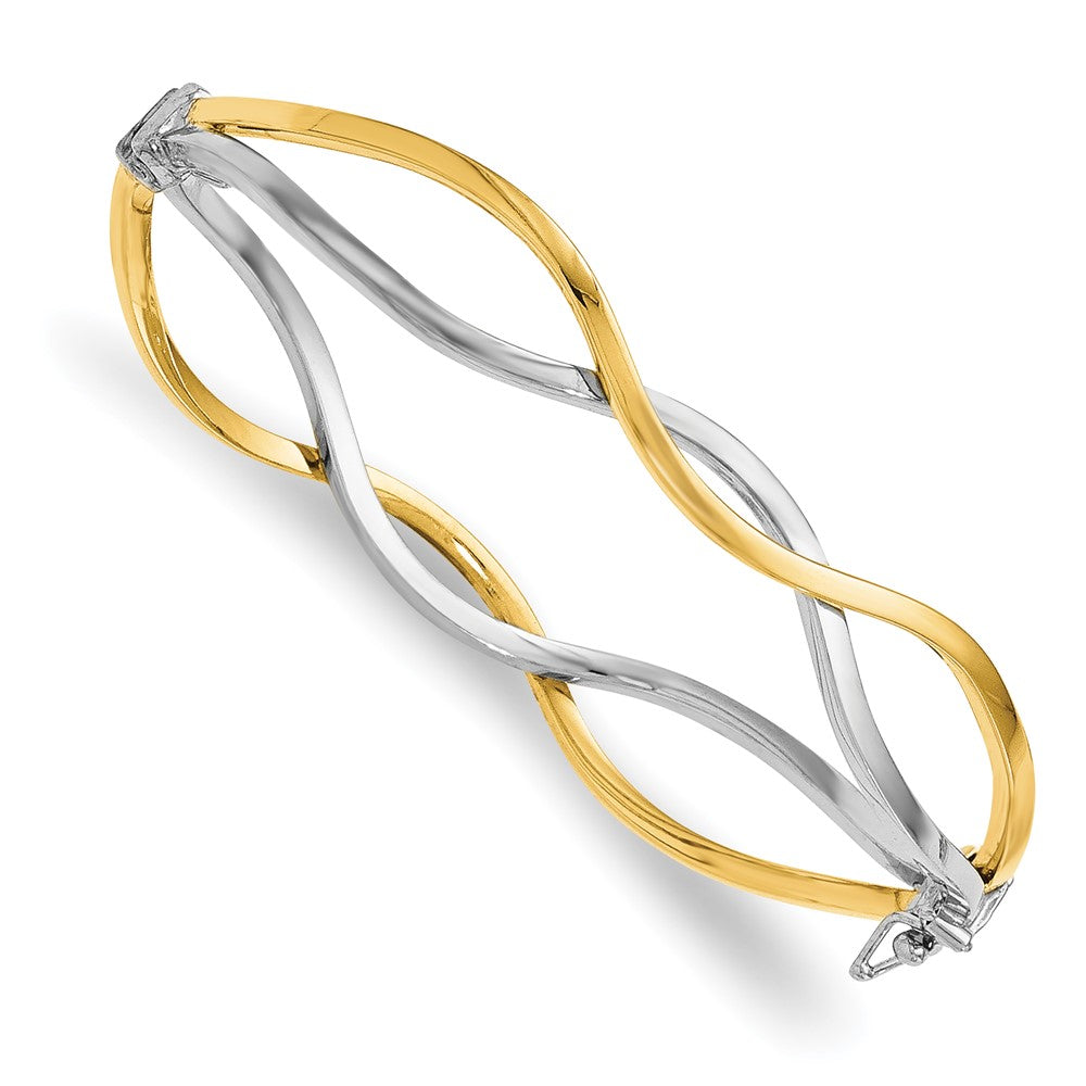 10K w/ White Rhodium Polished Twisted Bangle Bracelet, 7 x 15 mm