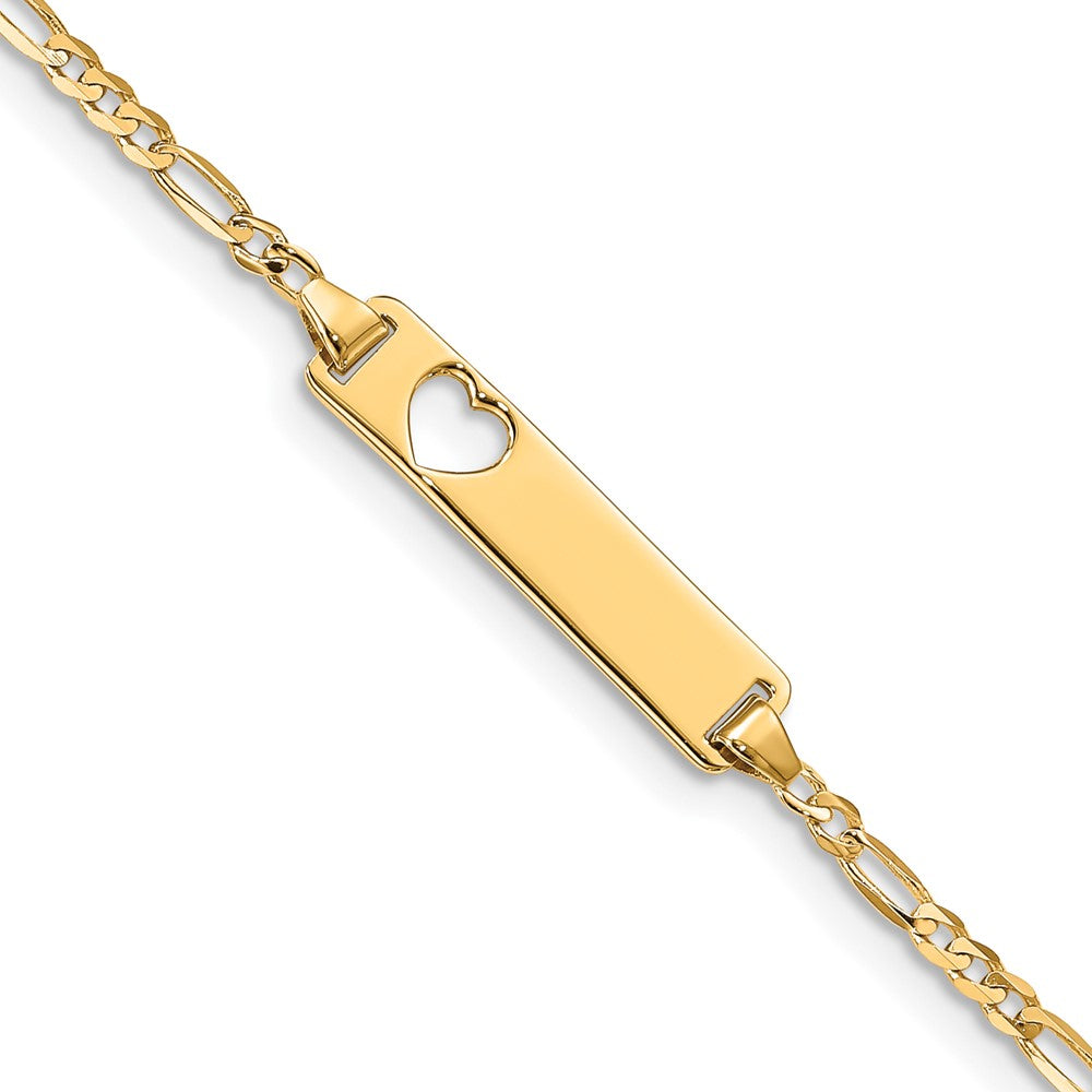 10k Polished Solid Chain/Solid Plate Figaro Link Cut-out Heart 20x5mm Plate 7 inch ID Bracelet, 7 x 5.01 mm