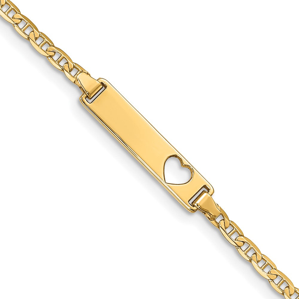 10k Polished Solid Chain/Solid Plate Anchor Link Cut-out Heart 20x5mm Plate 7 inch ID Bracelet, 7 x 5.01 mm