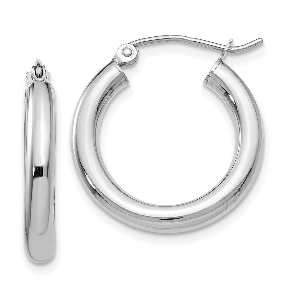 10K White Gold Polished 3mm Tube Hoop Earrings, 15 x 3 mm, 1.39 g
