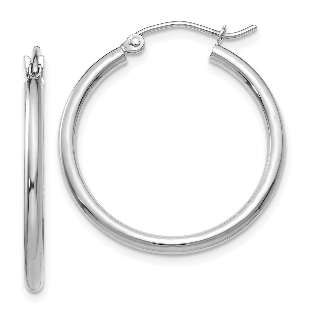 10K White Gold Polished 2mm Tube Hoop Earrings, 25 x 2 mm, 1.4 g