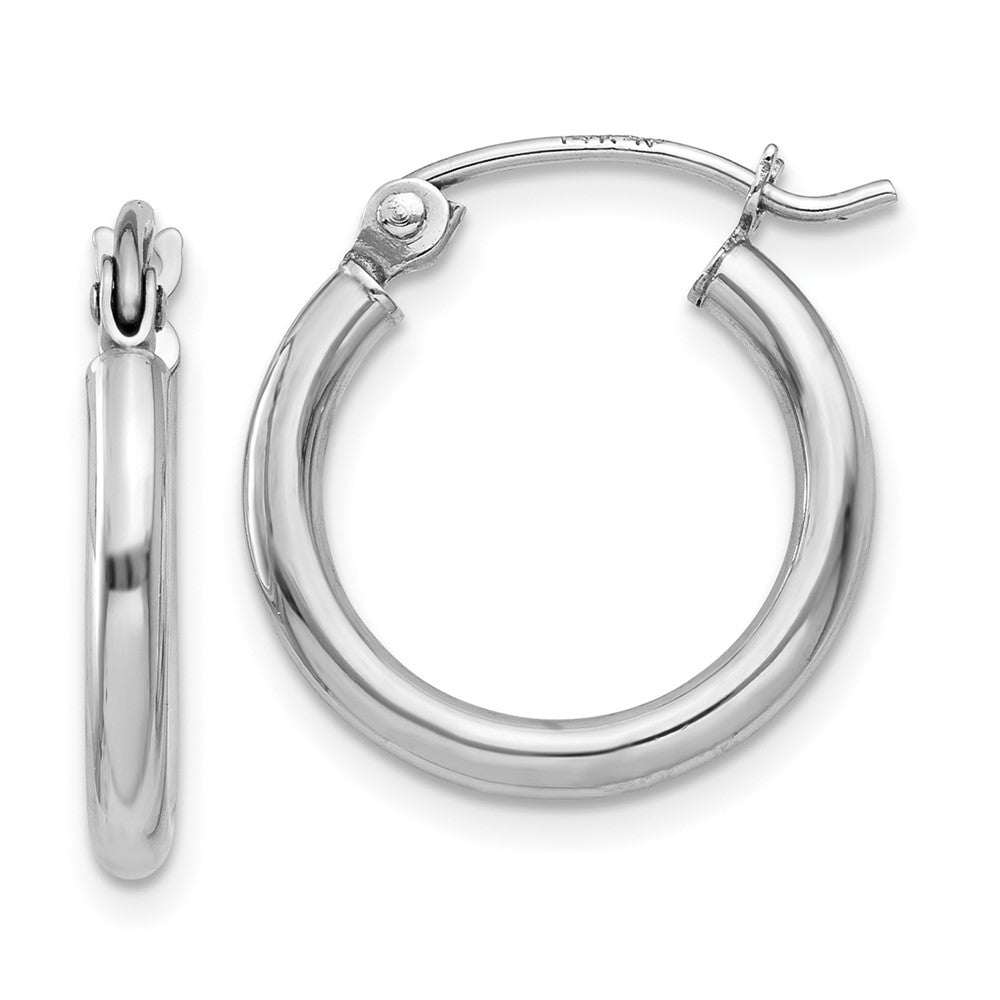 10K White Gold Polished 2mm Tube Hoop Earrings, 15 x 2 mm