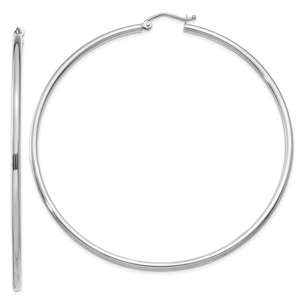 10K White Gold Polished 2mm Tube Hoop Earrings, 65 x 2 mm