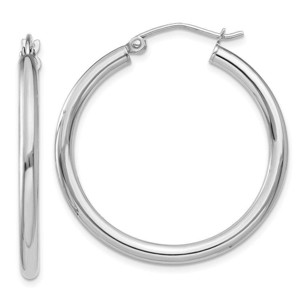 10K White Gold Polished 2.5mm Tube Hoop Earrings, 30 x 2.5 mm