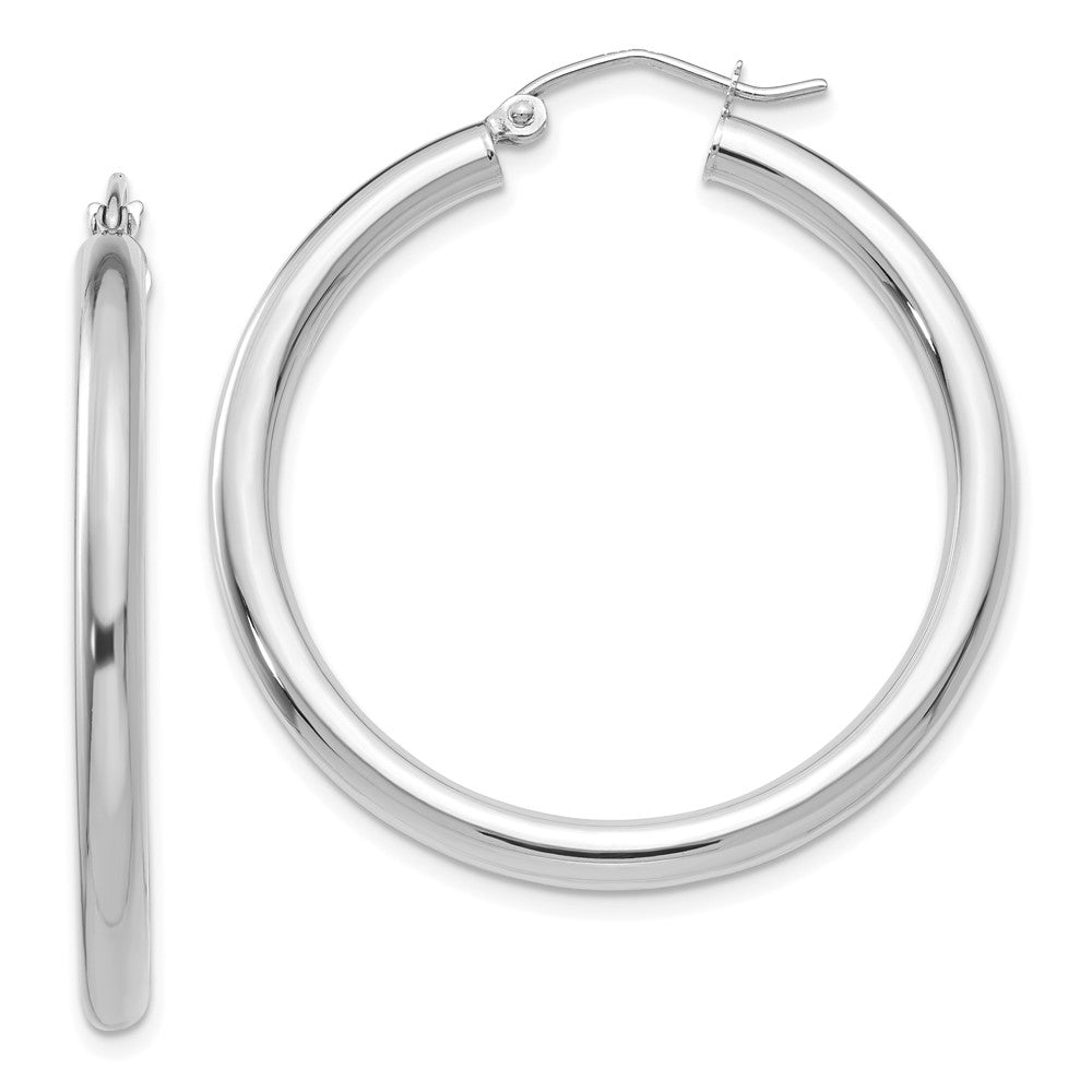 10K White Gold Polished 3mm Tube Hoop Earrings, 35 x 3 mm
